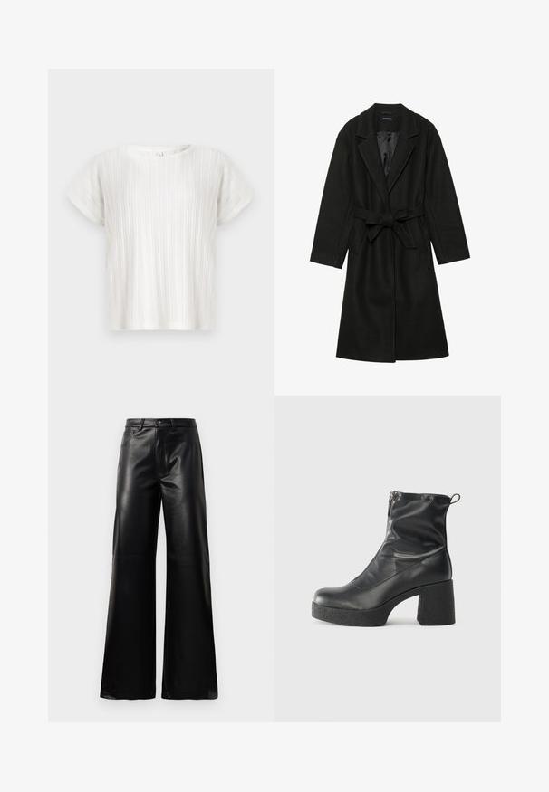 Even&Odd BELTED COAT - Klasický kabát - black; Bílý top s krátkým rukávem a vertikálním žebrováním, kulatým výstřihem. Volný střih. Měkká, lehká tkanina. Žádné viditelné zapínání.; Černé kalhoty s vysokým pasem a širokými nohavicemi z umělé kůže, s předním knoflíkem, zipovým zapínáním, poutky na pás a bočními kapsami na bílém pozadí.; Černé kotníkové boty vyrobené z hladké kůže, s bočním zipem, robustním strukturovaným podpatkem a kulatou špičkou.