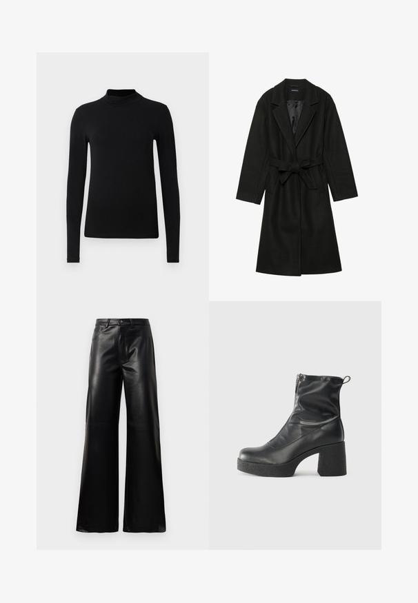 Even&Odd BELTED COAT - Klasikinis paltas - black; Juodas ilgomis rankovėmis megztukas su aukštu kaklu, pagamintas iš lygios medžiagos; prigludęs dizainas be matomų siūlių. Paprasta, vienspalvė.; Juodos aukšto juosmens plačios kojų dirbtinės odos kelnės su priekiniais mygtukais, užtrauktuku, diržo kilpomis ir šoninėmis kišenėmis ant balto fono.; Juodos kulkšninių botai, pagaminti iš lygaus odos, su šoniniu užtrauktuku, masyviu tekstūruotu kulnu ir apvaliu pirštu.