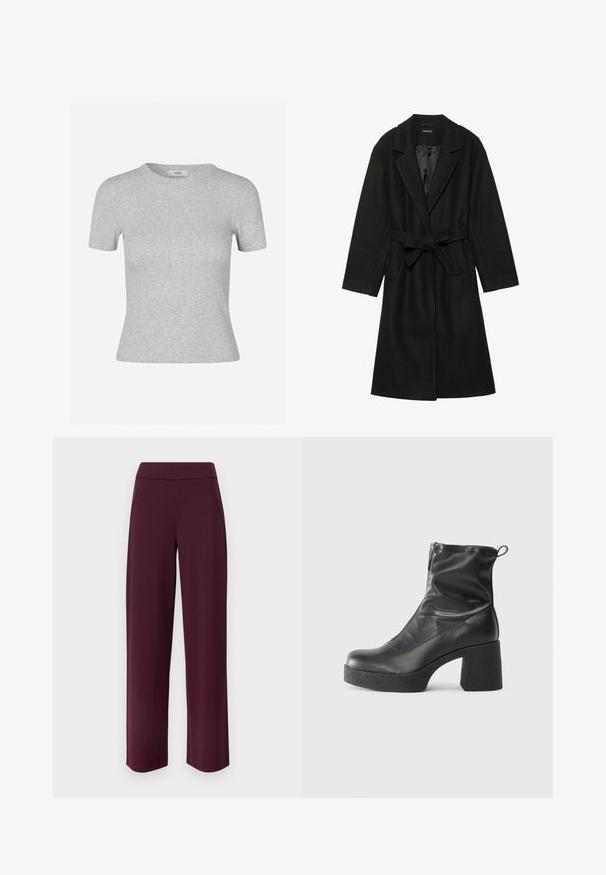 Even&Odd BELTED COAT - Klasický kabát - black; Šedé tričko s krátkým rukávem, s ribbovanou texturou, kulatým výstřihem a přiléhavým střihem, s nenápadnou značkovou nálepkou.; JDY JDYLOUISVILLE CATIA WIDE PANT - Kalhoty - wine tasting; Černé kotníkové boty vyrobené z hladké kůže, s bočním zipem, robustním strukturovaným podpatkem a kulatou špičkou.