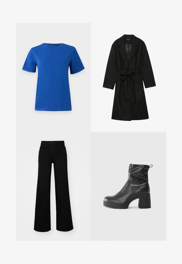 Even&Odd BELTED COAT - Casaco clássico - black; T-shirt de algodão azul com decote redondo, mangas curtas e punhos enrolados. Textura suave, barra reta e sem padrões ou enfeites visíveis.; Calças largas pretas em denim, com uma cintura estruturada, passantes para cinto e bolsos frontais. Textura suave com um design clássico.; Botas de tornozelo pretas feitas de couro liso, com fecho lateral, salto grosso texturizado e design de bico arredondado.