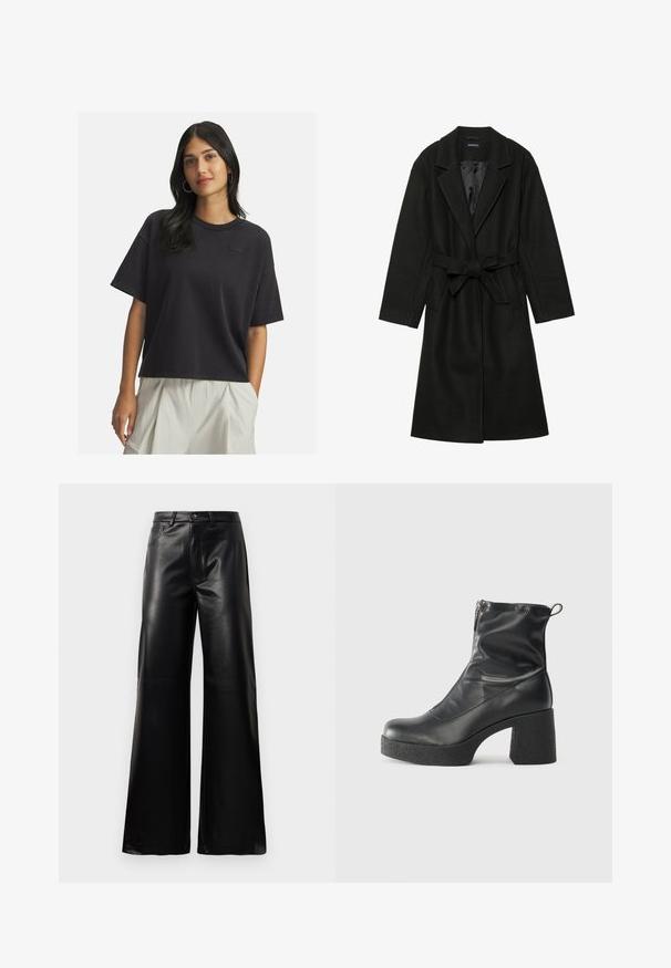 Even&Odd BELTED COAT - Klassikaline mantel - black; Pikkade tumedate juustega naine, kes kannab laia musta lühikeste varrukatega T-särki ja heledaid beeže kõrge vöökohaga pükse, seisab käsi ühes taskus.; Mustad talje laiad jalad kunstnahast püksid esipaneeli nööbi ja lukuga, vöödega ja küljetaskutega valge tausta peal.; Mustad mustad ansapüksid, mis on valmistatud siledast nahast, külje zipperiga, paksu tekstuuriga kontsaga ja ümmarguse nina disainiga.