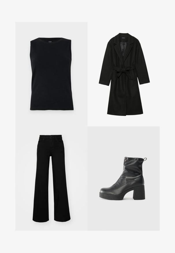 Even&Odd BELTED COAT - Palton clasic - black; Top negru fără mâneci, din bumbac. Prezintă un guler rotund și o formă ajustată. Textură netedă, fără modele sau accente vizibile.; Pantaloni negri cu picioare largi, din denim, cu un brau structurat, bucle pentru curea și buzunare frontale. Textură netedă, cu un design clasic.; Bocanci negri de glezna din piele netedă, cu fermoar lateral, toc texturat și masiv, și design cu vârf rotund.