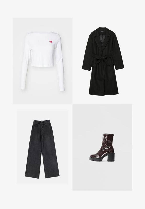 Even&Odd BELTED COAT - Classic coat - black; White cropped long-sleeve top made of soft fabric, featuring a small pink rose embroidery on the left chest. Simple design, no patterns.; Black wide-leg denim jeans featuring a high waist, classic five-pocket design, and subtle fading. Durable fabric with a smooth texture.; Glossy burgundy ankle boot with a chunky black heel, featuring a smooth texture and simple design. No visible fastenings or patterns.