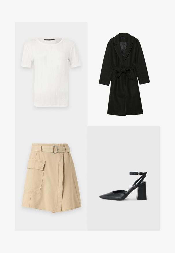 Even&Odd BELTED COAT - Abrigo clásico - black; Top corto de manga corta blanco, hecho de una tela texturizada, que presenta un ribete vertical y un escote redondo. Diseño simple sin adornos.; Falda de algodón beige con un bolsillo lateral, cintura con cinturón que presenta un anillo plateado y una ligera forma en A. Textura suave y diseño sencillo.; Zapato de tacón puntiagudo de cuero negro con tira en el tobillo y tacón ancho. Textura plana, diseño elegante y estética minimalista.