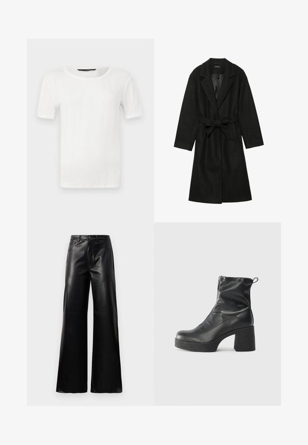 Even&Odd BELTED COAT - Klassinen takki - black; Valkoinen lyhythihainen paita, joka on valmistettu tekstuurikankaasta. Siinä on pystysuoraa ribbausta ja pyöreä pääntie. Yksinkertainen muotoilu ilman koristeita.; Mustat korkeat leveät keinonahkahousut, joissa on etupainike, vetoketjukiinnitys, vyölenkit ja sivutaskut valkoista taustaa vasten.; Mustat nilkkurit, jotka on valmistettu sileästä nahasta. Niissä on sivuvetoketju, paksu teksturoitu korko ja pyöristetty kärki.
