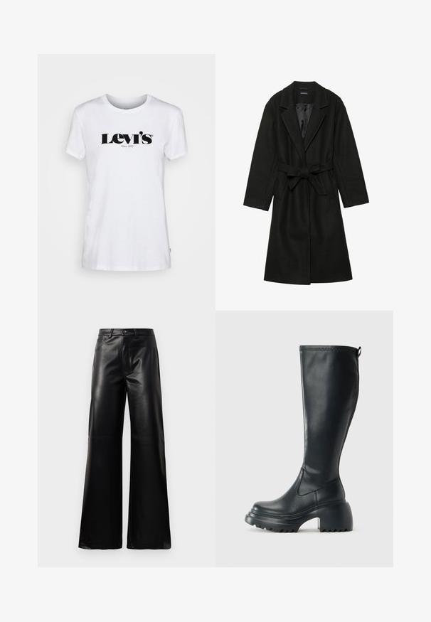 Even&Odd BELTED COAT - Classic coat - black; Levi's® THE PERFECT TEE - Print T-shirt - white; Black high-waist wide-leg faux leather pants with front button, zip closure, belt loops, and side pockets on white background.; Tall black leather boot with chunky platform sole and block heel, featuring pull tab and textured tread on outsole.