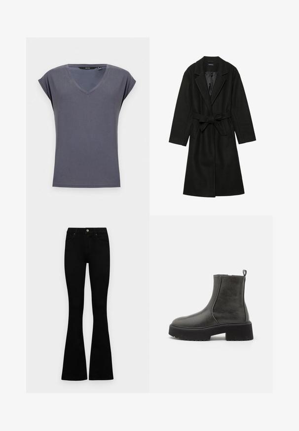 Even&Odd BELTED COAT - Klasikinis paltas - black; Pilkas v-kaklo marškinėliai su trumpomis pasukamomis rankovėmis. Pagaminti iš švelnios medžiagos su lygiu paviršiumi. Paprastas dizainas, be raštų ar puošmenų.; Juodos aukšto liemens džinsai su mygtuku ir užtrauktuku, priekinėmis kišenėmis ir platėjančiomis kojomis, išdėstyti ant baltos fono.; Juodi kulkšnies auliniai bateliai su lygiu sintetinės medžiagos paviršiumi, elastiniais šonais, traukimo kilpa ir storu guminiais padu.