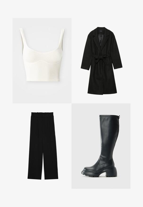 Even&Odd BELTED COAT - Casaco clássico - black; Top cropped em tom creme com textura canelada e alças largas. Apresenta uma costura contornada no busto e uma barra reta.; Calças largas pretas com um cinto franzido, apresentando dois bolsos laterais e um tecido suave e leve. Sem padrões ou ferragens visíveis.; Bota preta de couro alta com sola de plataforma robusta e salto bloco, apresentando puxador e padrão texturizado na sola.