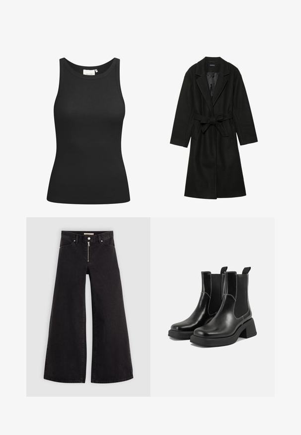 Even&Odd BELTED COAT - Mantel - black; Zwarte tanktop van ribstof, met een ronde hals en een aansluitende pasvorm. Platte naden en zonder versieringen. Eenvoudig en strak ontwerp.; Wijdvallende jeans van zwarte denim met een ritssluiting aan de voorkant, vijf zakken en subtiele stikdetails. Soepele textuur en casual stijl.; Zwarte leren Chelsea-boots met een chunky hak, elastische zijpanelen en contrasterende witte stiksels. Gestructureerde afwerking.