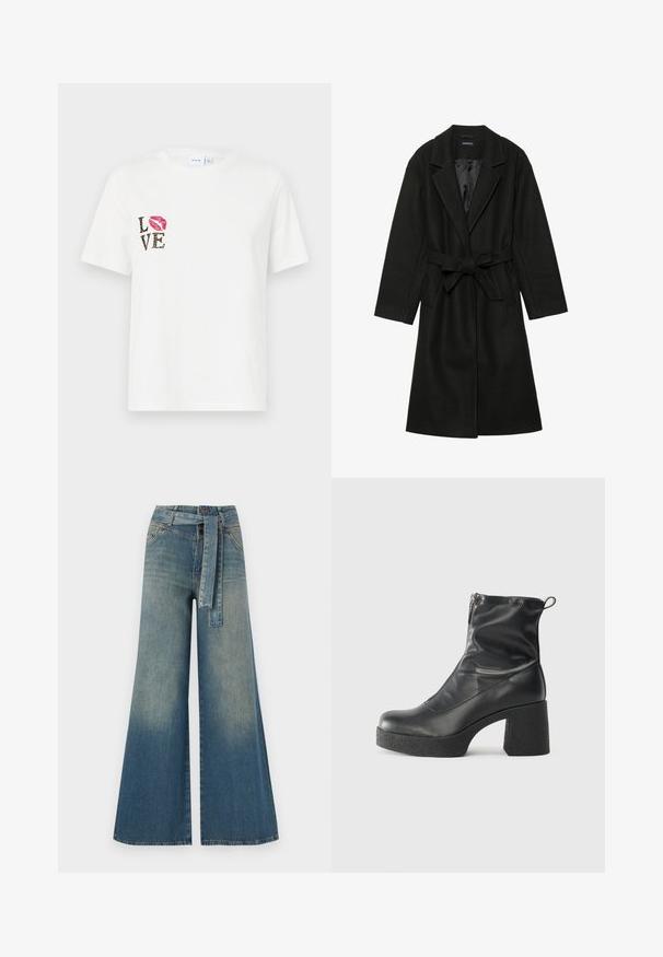 Even&Odd BELTED COAT - Klassisk kappa / rock - black; Vit bomull t-shirt med kort ärm. Har texten "LOVE" i svart och djurmönster, samt ett röd läpptryck på vänster sida.; Breda denimbyxor med en ljus till mörkblå gradient, hög midja, bälteshällor och ett matchande tygbälte. Texturerad denimfinish.; Svarta ankelstövlar i slitstark läder, med sidodragkedja, kraftig strukturerad klack och rundad tådesign.