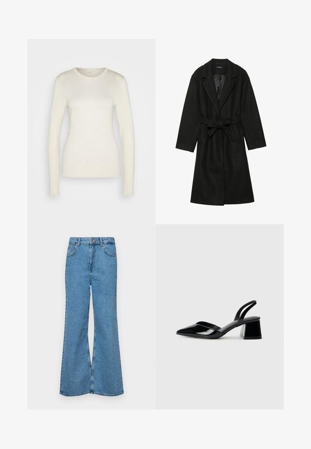 Even&Odd BELTED COAT - Klasičan kaput - black; Dugi rukav kremasti top izrađen od mekog pamuka, s okruglim izrezom, uskim siluetom i šavovima duž rubova i manžeta.; Svijetloplave traperice s flared nogavicama, visokog struka, s pet džepova i jednim dugmetom za zatvaranje. Mekani materijal s izblijedjelim izgledom.; Crne lakirane kožne sandale s otvorenom petom i špicastim vrhom, s geometrijskom blok petom. Imaju elegantan, minimalistički dizajn i glatku teksturu.