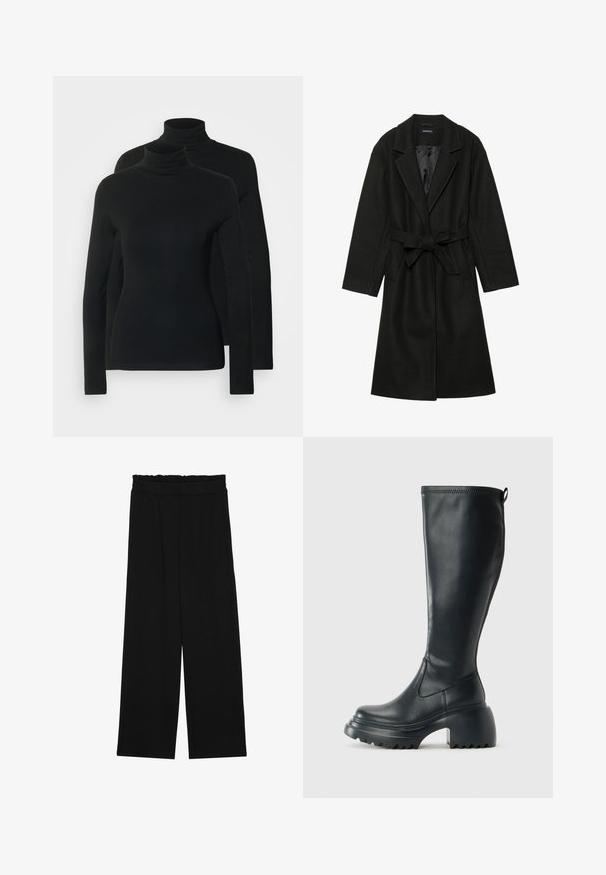 Even&Odd BELTED COAT - Classic coat - black; Two long-sleeve turtlenecks in solid black, made from a soft, stretchy fabric with fitted design and a seamless neckline.; Black wide-leg trousers with a ruffled waistband, featuring two side pockets and a smooth, lightweight fabric. No visible patterns or hardware.; Tall black leather boot with chunky platform sole and block heel, featuring pull tab and textured tread on outsole.