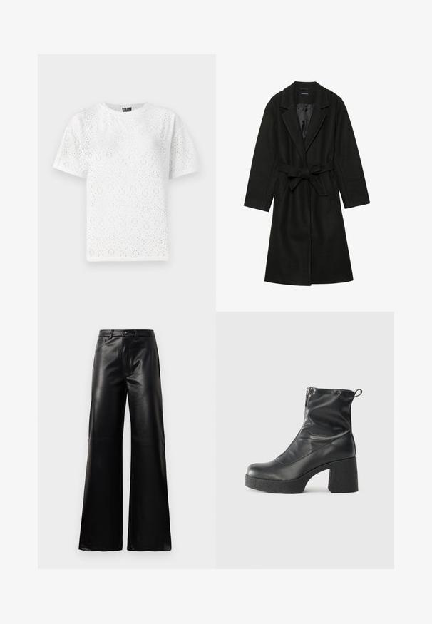 Even&Odd BELTED COAT - Palton clasic - black; Tricou din bumbac alb, cu un model perforat cu forme curbe, maneci scurte și guler rotund. Textură netedă și croială lejeră.; Pantaloni negri cu talie înaltă, largi, din piele sintetică, cu nasture frontal, închidere cu fermoar, bucle pentru centură și buzunare laterale pe fundal alb.; Bocanci negri de glezna din piele netedă, cu fermoar lateral, toc texturat și masiv, și design cu vârf rotund.