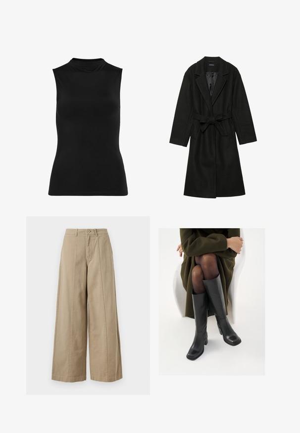 Even&Odd BELTED COAT - Klassikaline mantel - black; Must mustrõng, millel on sile kangas. Kõrge kaelus ja kehaümber olev vormical, lihtne disain. Pole nähtavaid mustreid ega kaunistusi.; Kreemi värvi laiad püksid, mis on valmistatud tugevast puuvillast, koos nööbiga sulgemise, vööloopide ja puhaste eesrindadega, millel pole nähtavaid taskuid.; Knee-high mustad nahast saapad nelinurkse varbaga ja plokilise kontsaga, esitatud mudeli kõrval, kes istub oliivirohelises mantlis. Sujuv tekstuur, minimaalne detailide arv.