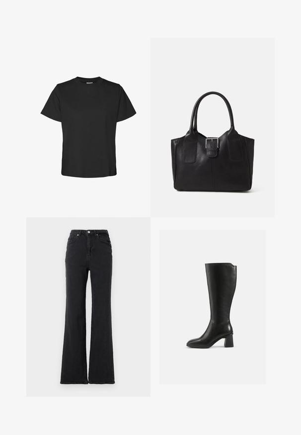 Even&Odd BELTED COAT - Mantel - black; Zwarte T-shirt met korte mouwen van katoen. Heeft een ronde halslijn en een rechte zoom met een ontspannen pasvorm. Zachte textuur, geen patronen of accenten.; Zwart hoge taille spijkerbroek met een uitlopende pijp, voorsluiting met knoop en zakken, gepresenteerd tegen een simpele witte achtergrond.; Zwarte leren kniehoog laars met een vierkante blokhak. Heeft een gladde textuur, een aansluitend ontwerp, minimale stikseldetails en een ronde neus.; Zwarte leren tote bag met een gladde textuur, gestructureerde vorm, twee handvatten en een opvallend zilveren sluitingdetail aan de voorkant.