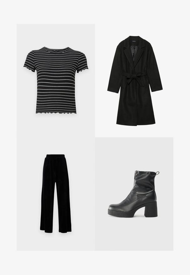 Even&Odd BELTED COAT - Klassisk kåpe / frakk - black; Svart ribbestrikket kortermet topp med hvite horisontale striper. Bølgeformede mansjetter og utringning detaljer forsterker designet. Passer til fritidsbruk.; Sorte vide bukser laget av myk vernet, med elastisk midjebånd og en jevn tekstur, uten synlige detaljer eller mønstre.; Svarte ankelstøvler laget av glatt lær, med glidelås på siden, chunky strukturert hæl, og rund tå-design.