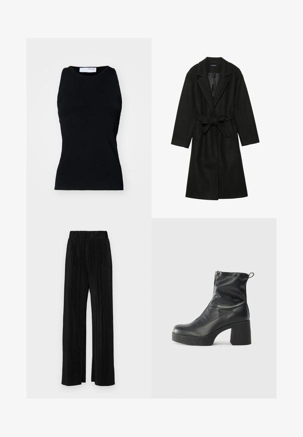 Even&Odd BELTED COAT - Classic coat - black; Black ribbed sleeveless top with a rounded neckline and fitted design. Made from stretch material, showcasing a smooth texture and seamless edges.; Black pleated trousers with an elastic waistband. Features wide legs and a smooth, textured fabric with vertical stripes.; Black ankle boots made of smooth leather, featuring a side zipper, chunky textured heel, and rounded toe design.