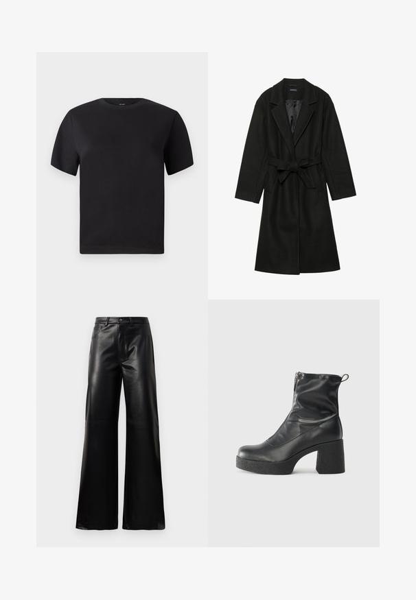 Even&Odd BELTED COAT - Klassischer Mantel - black; Schwarzes T-Shirt mit kurzen Ärmeln, Rundhals-Ausschnitt, aus weicher Baumwolle, glatte Textur, minimalistisches Design ohne Muster oder Akzente.; Schwarze leichte, weit geschnittene, hochtaillierte Kunstlederhose mit vorderem Knopf, Reißverschluss, Gürtelschlaufen und Seitentaschen auf weißem Hintergrund.; Schwarze Stiefeletten aus glattem Leder mit seitlichem Reißverschluss, klobigem strukturiertem Absatz und runder Zehenform.