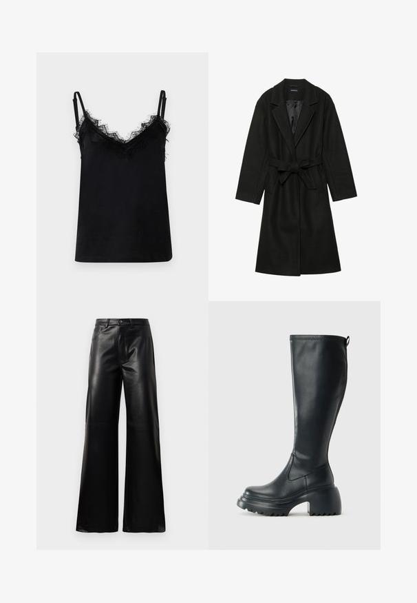 Even&Odd BELTED COAT - Klassikaline mantel - black; Must mustrinnahk, millel on pitsist äärised kaela ja rindade kohal. Peenad reguleeritavad rihmad lõpetavad disaini.; Mustad talje laiad jalad kunstnahast püksid esipaneeli nööbi ja lukuga, vöödega ja küljetaskutega valge tausta peal.; Kõrge must nahksaapad, millel on massiivne platvormi tald ja blokk-kand, varustatud tõmbenööriga ja tekstuuriga väljatõmbejääk.