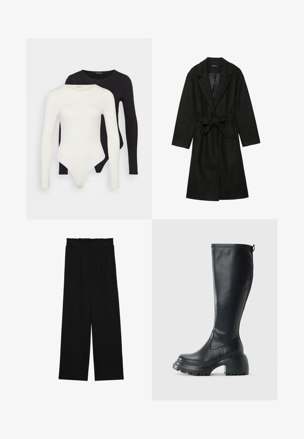 Even&Odd BELTED COAT - Klassisk kåpe / frakk - black; To langermagede bodysuit i hvit og svart. Laget av glatt stoff, med rund hals og en thong-bunn for en strømlinjeformet passform.; Svarte vide bukser med rynket liv, med to sidelommer og et glatt, lett stoff. Ingen synlige mønstre eller metalldeler.; Høy svart lærstøvel med chunky plattformsåle og blokkhelt, med trekkstang og teksturert mønster på yttersålen.