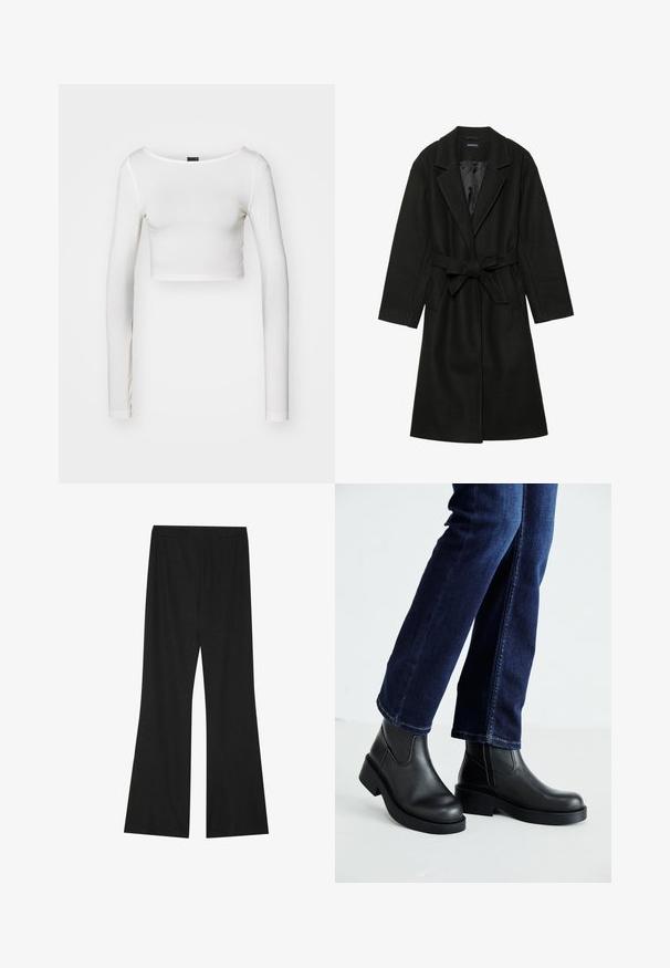 Even&Odd BELTED COAT - Classic coat - black; Gina Tricot SOFT TOUCH CROPPED TOP - Long sleeved top - pristine; Black flared pants with a textured fabric, featuring an elastic waistband and a loose fit, designed for comfort and ease of movement.; Black leather ankle boots with a chunky sole and side elastic panels, paired with dark blue jeans. The ground is light-colored.