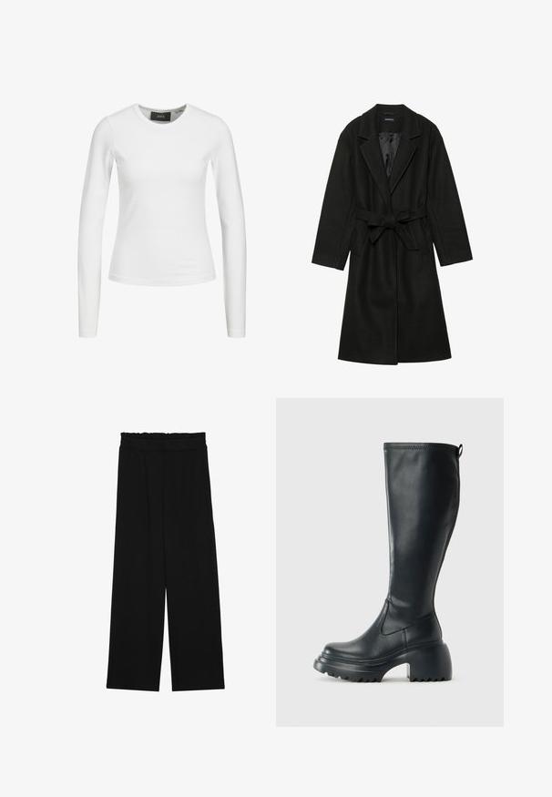 Even&Odd BELTED COAT - Klassisk kåpe / frakk - black; Hvit langermet tettsittende topp laget av lett, elastisk stoff. Har rund hals og har ingen synlige mønstre eller dekorasjoner.; Svarte vide bukser med rynket liv, med to sidelommer og et glatt, lett stoff. Ingen synlige mønstre eller metalldeler.; Høy svart lærstøvel med chunky plattformsåle og blokkhelt, med trekkstang og teksturert mønster på yttersålen.