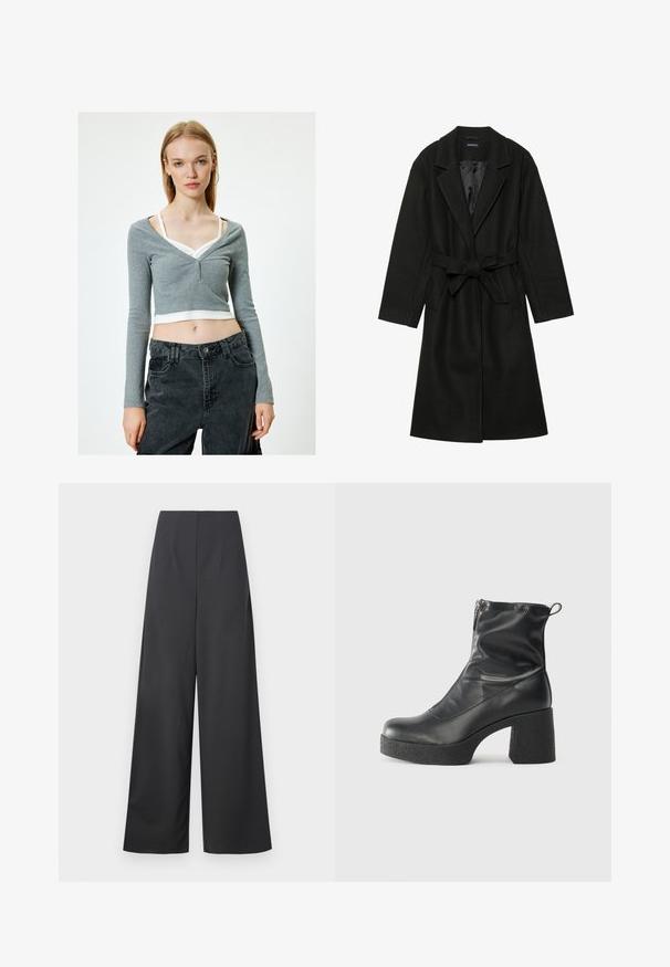 Even&Odd BELTED COAT - Klassischer Mantel - black; Grau geschnittenes Langarmoberteil mit V-Ausschnitt, ausgestattet mit drei Knöpfen vorne. Kombiniert mit dunkelhohen Hosen. Weißes Trägershirt darunter sichtbar.; Hochtaillierte, weit geschnittene Hose aus dunkelgrauem Stoff mit glatter Textur. Verfügt über keine sichtbaren Taschen oder Verzierungen.; Schwarze Stiefeletten aus glattem Leder mit seitlichem Reißverschluss, klobigem strukturiertem Absatz und runder Zehenform.