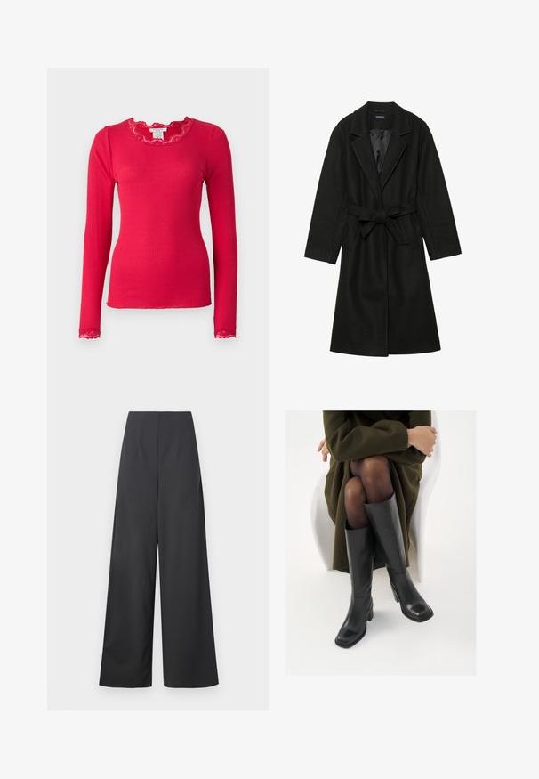 Even&Odd BELTED COAT - Klasszikus kabát - black; Rosemunde BABETTE - Hosszú ujjú felső - crimson; Sötét szürke anyagból készült, magas derekú, bő szárú nadrág, sima textúrával. Látható zsebek vagy díszítések nélkül készült.; Térdfelett érő fekete bőr csizmák négyzet alakú orral és tömbtalppal, olajzöld kabátban ülő modellel bemutatva. Simaság, minimalista részletezés.