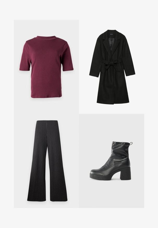 Even&Odd BELTED COAT - Classic coat - black; Short-sleeve maroon t-shirt with a mock neck collar, displayed against a plain white background.; Wide-leg trousers made of black fabric with white pinstripes. Features a high waist and a smooth texture. No visible embellishments.; Black ankle boots made of smooth leather, featuring a side zipper, chunky textured heel, and rounded toe design.