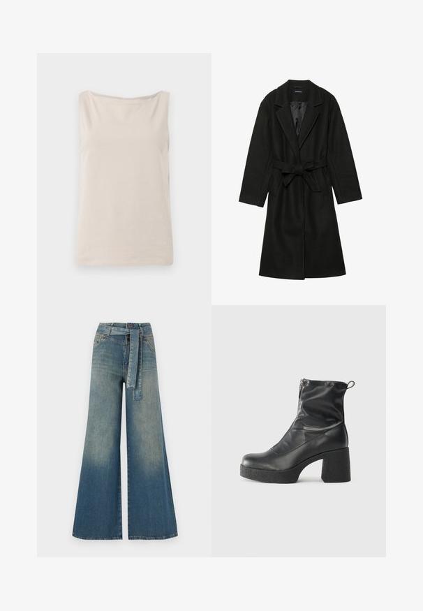 Even&Odd BELTED COAT - Cappotto classico - black; Top beige senza maniche realizzato in tessuto morbido con una vestibilità comoda, caratterizzato da un ampio scollo e una texture liscia. Nessun motivo o accento visibile.; Pantaloni in denim a gamba larga con una sfumatura che va dal blu chiaro al blu scuro, vita alta, passanti per cintura e una cintura in tessuto coordinato. Finitura in denim strutturato.; Stivali neri alla caviglia in pelle liscia, con zip laterale, tacco spesso e texture, e punta arrotondata.