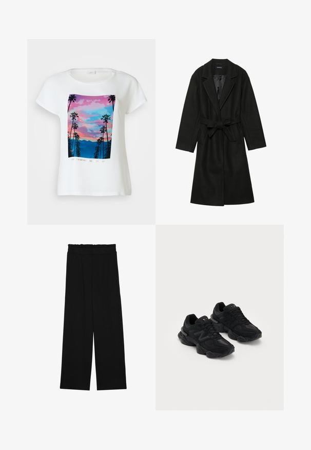 Even&Odd BELTED COAT - Abrigo clásico - black; Camiseta blanca de manga corta con un gráfico colorido de palmeras contra un fondo de atardecer con montañas, y texto en la parte inferior.; Pantalones de pierna ancha negros con una cintura con volantes, que cuentan con dos bolsillos laterales y una tela suave y ligera. Sin patrones visibles ni accesorios.; Zapatillas deportivas negras con un upper texturizado, que presentan un prominente logo "N", suela acolchada y una silueta moderna y estilizada.
