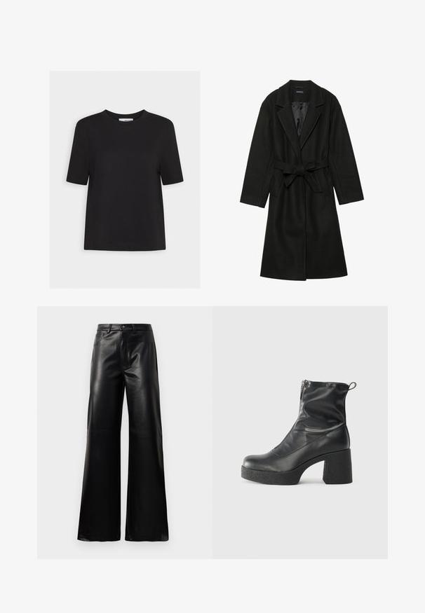 Even&Odd BELTED COAT - Klasický kabát - black; Čierne bavlnené tričko s okrúhlym výstrihom, krátkymi rukávmi a rovnými lemami. Jednoduchý dizajn, bez viditeľných vzorov alebo akcentov.; Čierne vysokopriestené široké nohavice z umelého kože s predným gombíkom, zipsom, pútkami na opasok a bočnými vreckami na bielom pozadí.; Čierne členkové topánky z hladkej kože, so bočným zipsom, robustnou textúrovanou pätnou časťou a zaobleným dizajnom špičky.