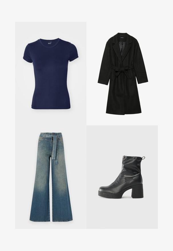 Even&Odd BELTED COAT - Klassisk frakke - black; Gina Tricot SOFT TOUCH TOP - T-shirts basic - black iris; Bredbens-denimbukser med en lys til mørk blå gradient, høj talje, bælteløkker og et matchende stofbælte. Tekstureret denimfinish.; Sorte ankelstøvler lavet af glat læder, med en sidelukning, kraftig struktureret hæl og rundt tådesign.
