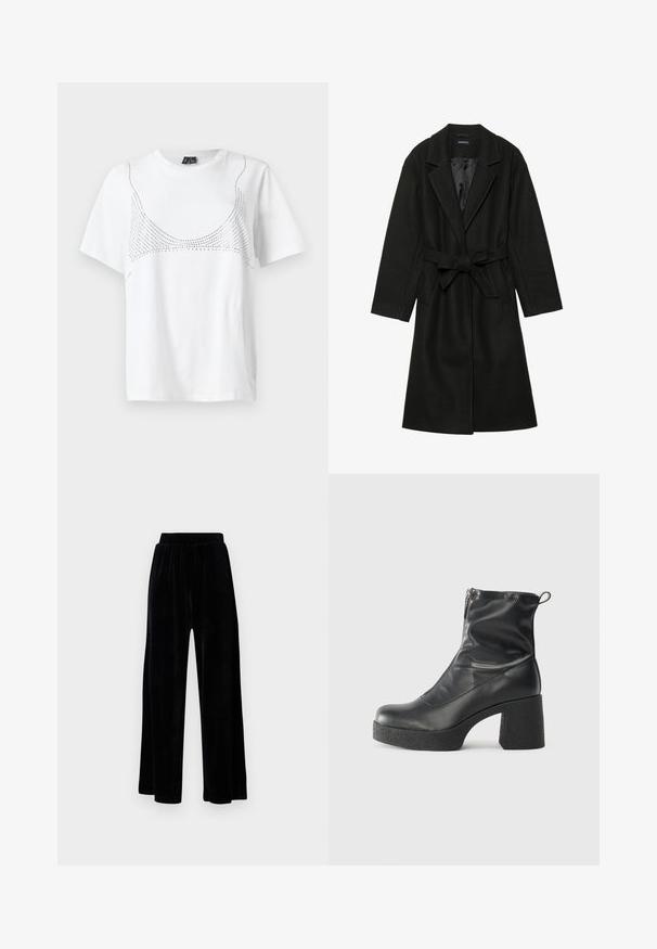 Even&Odd BELTED COAT - Klassisk kåpe / frakk - black; Hvit bomull T-skjorte med korte ermer som har et prikkete grafisk design som ligner på en utringning over forsiden.; Sorte vide bukser laget av myk vernet, med elastisk midjebånd og en jevn tekstur, uten synlige detaljer eller mønstre.; Svarte ankelstøvler laget av glatt lær, med glidelås på siden, chunky strukturert hæl, og rund tå-design.