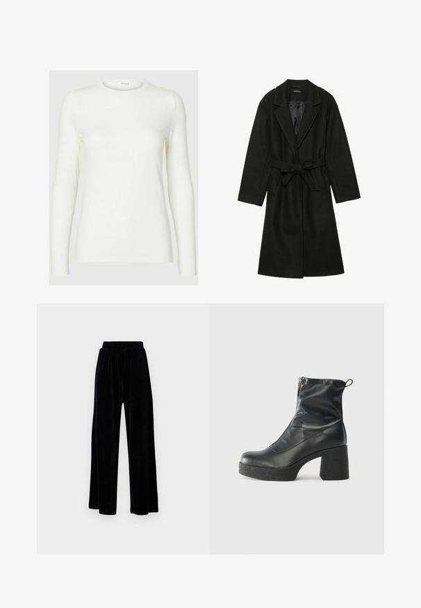 Even&Odd BELTED COAT - Klasikinis paltas - black; Ilgomis rankovėmis balta palaidinė, pagaminta iš minkštos medžiagos, su apvaliu kaklu, pasižyminti lygiu tekstūra ir prigludusia siluetu. Nėra matomų raštų ar akcentų.; Juoda plataus kirpimo kelnių pora, pagaminta iš minkštos velveto medžiagos, su elastingu juosmeniu ir glotnia tekstūra, be matomų detalių ar raštų.; Juodos kulkšninių botai, pagaminti iš lygaus odos, su šoniniu užtrauktuku, masyviu tekstūruotu kulnu ir apvaliu pirštu.
