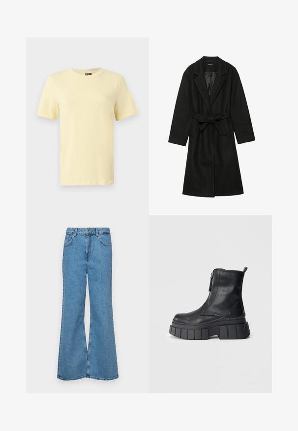 Even&Odd BELTED COAT - Palton clasic - black; T-shirt galben cu mânecă scurtă, fabricat din bumbac moale, cu gât rotund și fără modele sau accente vizibile.; Jeanși evazați de culoare albastru deschis, din denim, cu talie înaltă, cinci buzunare și închidere cu un singur buton. Textură moale cu un finisaj decolorat.; Botină din piele neagră la glezna, cu talpă groasă și zimțată, și fermoar pe lateral, expusă pe un fundal gri neutru.