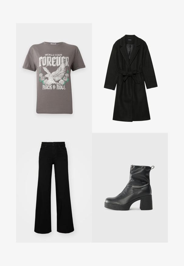 Even&Odd BELTED COAT - Klasičan kaput - black; Siva pamučna majica s velikim grafičkim prikazom orla i ruža, s natpisom "SVJETSKA TURNJEJA ZAUVIJEK ROCK & ROLL" u debelom bijelom slovu.; Crne široke traperice s čvrstim pojasom, petljama za remen i prednjim džepovima. Gladak teksturirani materijal s klasičnim dizajnom.; Crne gležnjače od glatke kože, s bočnim zatvaračem, debelim teksturiranim potplatom i dizajnom s zaobljenim prstima.