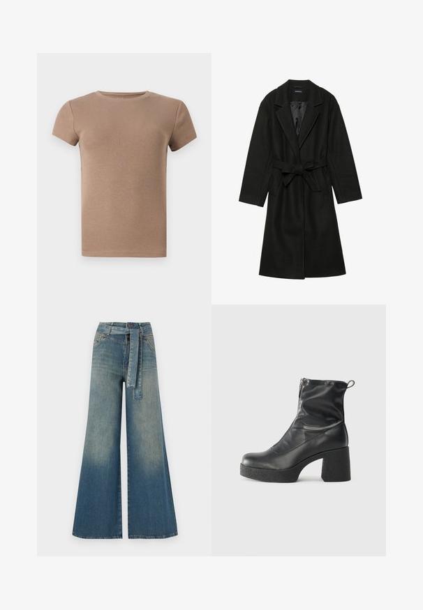 Even&Odd BELTED COAT - Κλασικό παλτό - black; Μπεζ ριγέ μπλούζα κοντομάνικη με στρογγυλή λαιμόκοψη και εφαρμοστή γραμμή. Λεία υφή, χωρίς διακοσμήσεις ή σχέδια.; Πολυάριθμα τζιν παντελόνια με φαρδύ πόδι που διαθέτουν ένα ελαφρύ έως σκούρο μπλε gradient, ψηλή μέση, θηλιές ζώνης και μια ταιριαστή ζώνη από το ίδιο ύφασμα. Υφή τζιν.; Μαύρες μποτές μέχρι τον αστράγαλο από λείο δέρμα, με πλευρικό φερμουάρ, χοντρό υφασμάτινο τακούνι και στρογγυλή μύτη.