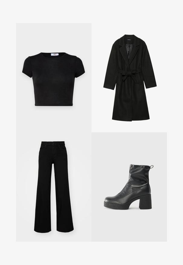 Even&Odd BELTED COAT - Klasszikus kabát - black; Fekete, rövid ujjú, cropped póló. Simább anyagból készült, kerek nyakkivágással és minimalista dizájnnal. Puha tapintású, minták vagy díszítések nélkül.; Fekete, bő szárú farmernadrág, amelynek állítható derékrésze van, övhurkokkal és elülső zsebekkel. Simaság jellemzi, klasszikus dizájnnal.; Fekete bokacsizmák sima bőrből, oldalsó cipzárral, vastag, texturált sarkú és lekerekített orrú dizájnnal.