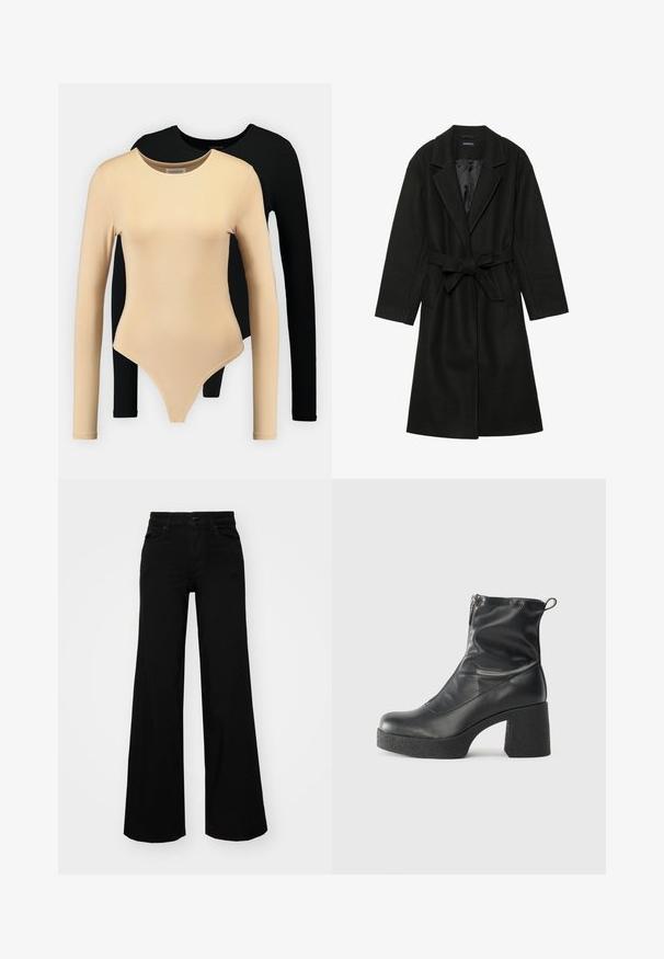 Even&Odd BELTED COAT - Casaco clássico - black; Dois bodies de manga longa: um em bege com textura suave e decote arredondado, o outro em preto. Ambos possuem um corte ajustado e estilo fio dental.; Calças largas pretas em denim, com uma cintura estruturada, passantes para cinto e bolsos frontais. Textura suave com um design clássico.; Botas de tornozelo pretas feitas de couro liso, com fecho lateral, salto grosso texturizado e design de bico arredondado.