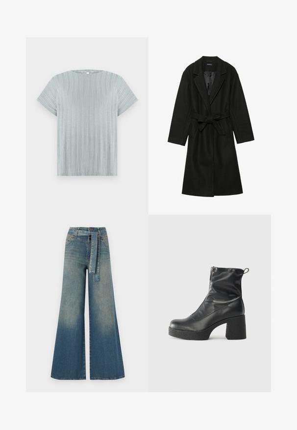 Even&Odd BELTED COAT - Classic coat - black; Light grey short-sleeve top with a ribbed texture and round neckline, featuring vertical stripes across the fabric.; Wide-leg denim trousers featuring a light to dark blue gradient, high waist, belt loops, and a matching fabric belt. Textured denim finish.; Black ankle boots made of smooth leather, featuring a side zipper, chunky textured heel, and rounded toe design.