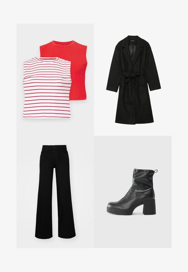 Even&Odd BELTED COAT - Palton clasic - black; Două bluze cu mânecă scurtă: una de culoare roșie solidă și una albă cu dungi roșii orizontale. Ambele au guler rotund și o textură moale din bumbac.; Pantaloni negri cu picioare largi, din denim, cu un brau structurat, bucle pentru curea și buzunare frontale. Textură netedă, cu un design clasic.; Bocanci negri de glezna din piele netedă, cu fermoar lateral, toc texturat și masiv, și design cu vârf rotund.