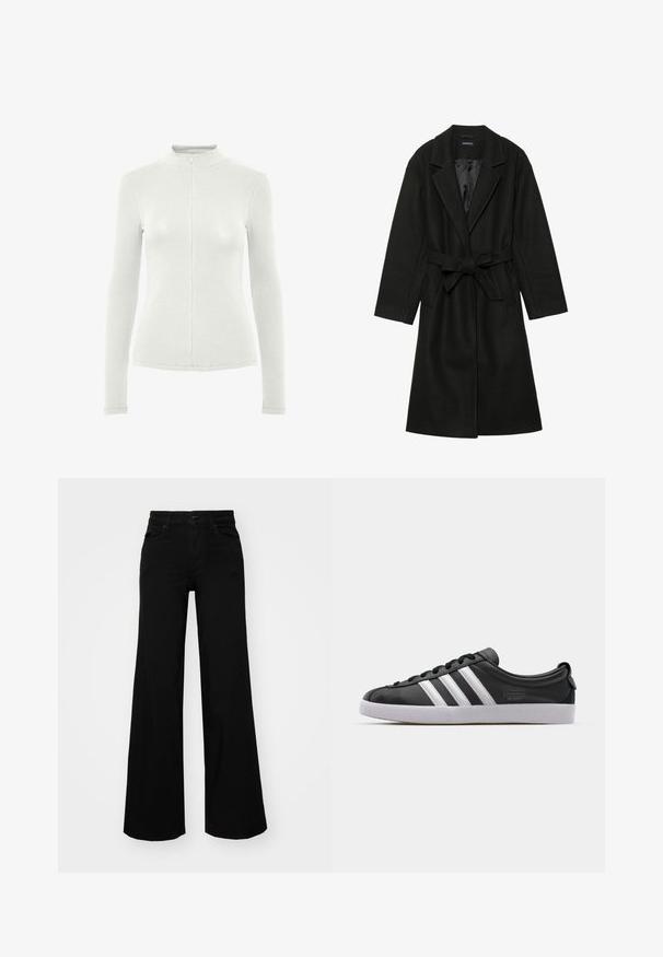 Even&Odd BELTED COAT - Klasszikus kabát - black; Hosszú ujjú felső világosszürke bordázott anyagból, magas gallérral és elülső cipzárral. Karcsú szabású dizájn texturált részletekkel.; Fekete, bő szárú farmernadrág, amelynek állítható derékrésze van, övhurkokkal és elülső zsebekkel. Simaság jellemzi, klasszikus dizájnnal.; Fekete bőr sneaker fehér háromcsíkkal, kerek orral, lapos fehér gumitalppal és márkázott részlettel az oldalon.