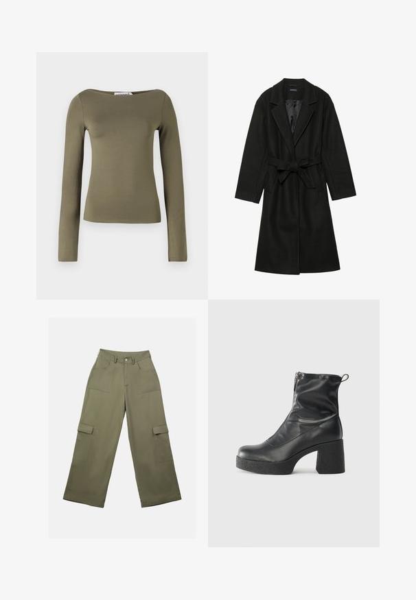 Even&Odd BELTED COAT - Klasszikus kabát - black; Olíva zöld, hosszú ujjú, testhez simuló felső, sima, rugalmas anyagból készült, széles nyakkivágással és minimális varrásokkal.; Olíva zöld cargo nadrág magas derékkal, széles lábakkal és két nagy oldalzsebbel. Simább anyagból készült, gombos záródással.; Fekete bokacsizmák sima bőrből, oldalsó cipzárral, vastag, texturált sarkú és lekerekített orrú dizájnnal.