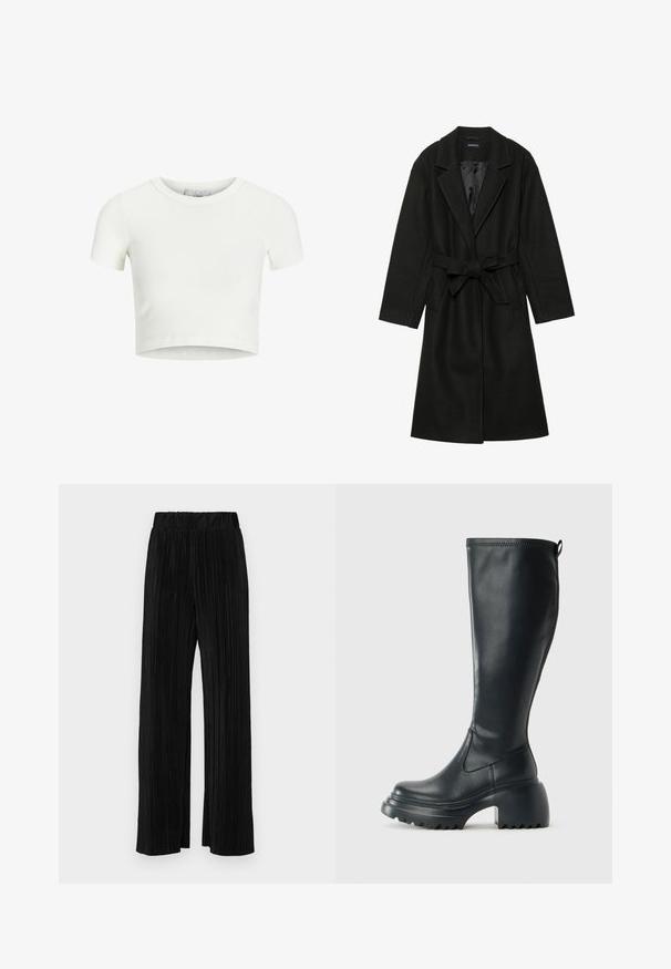 Even&Odd BELTED COAT - Klassisk frakke - black; Hvid, cropped t-shirt lavet af ribbet stof. Har en rund halsudskæring og korte ærmer. Glat tekstur med en tætsiddende form.; Sorte plisserede bukser med elastisk talje. Har brede ben og et glat, tekstureret stof med lodrette striber.; Høj sort læderstøvle med kraftig platformssål og blokhæl, med trækstrop og tekstureret sål.