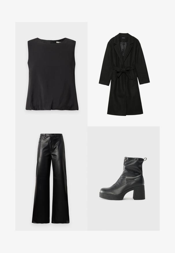 Even&Odd BELTED COAT - Klassikaline mantel - black; Must beeta ilma varrukate top, mis on valmistatud siledast kangast, ümmarguse kaeluse ja seljaosal lukuga. Lihtne disain ilma mustriteta.; Mustad talje laiad jalad kunstnahast püksid esipaneeli nööbi ja lukuga, vöödega ja küljetaskutega valge tausta peal.; Mustad mustad ansapüksid, mis on valmistatud siledast nahast, külje zipperiga, paksu tekstuuriga kontsaga ja ümmarguse nina disainiga.