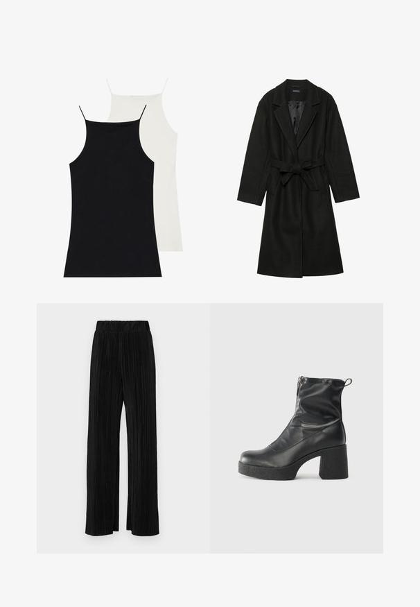 Even&Odd BELTED COAT - Klasisks mētelis - black; Divi melni un balti topi, izgatavoti no mīksta auduma. Abiem ir platas lences un pieguļoša forma, ar gludu tekstūru.; Melni plīšu bikses ar elastīgu jostu. Tām ir platākas kājas un gluda, teksturēta auduma ar vertikālām svītrām.; Melni potītes zābaki, kas izgatavoti no gludas ādas, ar sānu rāvējslēdzēju, masīvu strukturētu papēdi un noapaļotu purngalu.