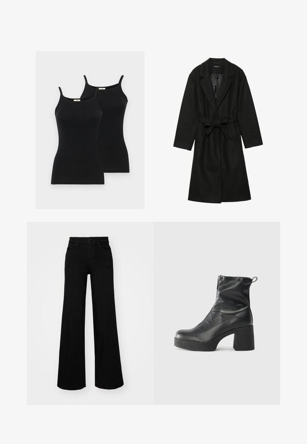 Even&Odd BELTED COAT - Klasický kabát - black; Čierne bavlnené tielka s tenkými ramienkami, priliehavý strih a hladká textura. Dva kusy zobrazené vedľa seba. Žiadne vzory ani akcenty.; Čierne široké nohavice z denimu s pevným pásom, pútkami na opasok a prednými vreckami. Hladká štruktúra s klasickým dizajnom.; Čierne členkové topánky z hladkej kože, so bočným zipsom, robustnou textúrovanou pätnou časťou a zaobleným dizajnom špičky.