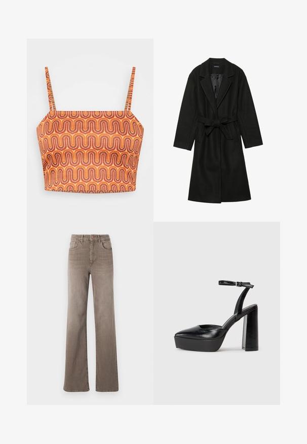 Even&Odd BELTED COAT - Manteau classique - black; Top court multicolore à fines bretelles, présentant un motif ondulé en orange, rouge et marron sur un tissu texturé.; Jean taille haute droit marron avec bouton avant, passants de ceinture et design classique à cinq poches sur fond blanc.; Escarpins noirs à plateforme avec un bout pointu et une sangle réglable à la cheville. Conçus en cuir lisse, avec un large talon bloc.