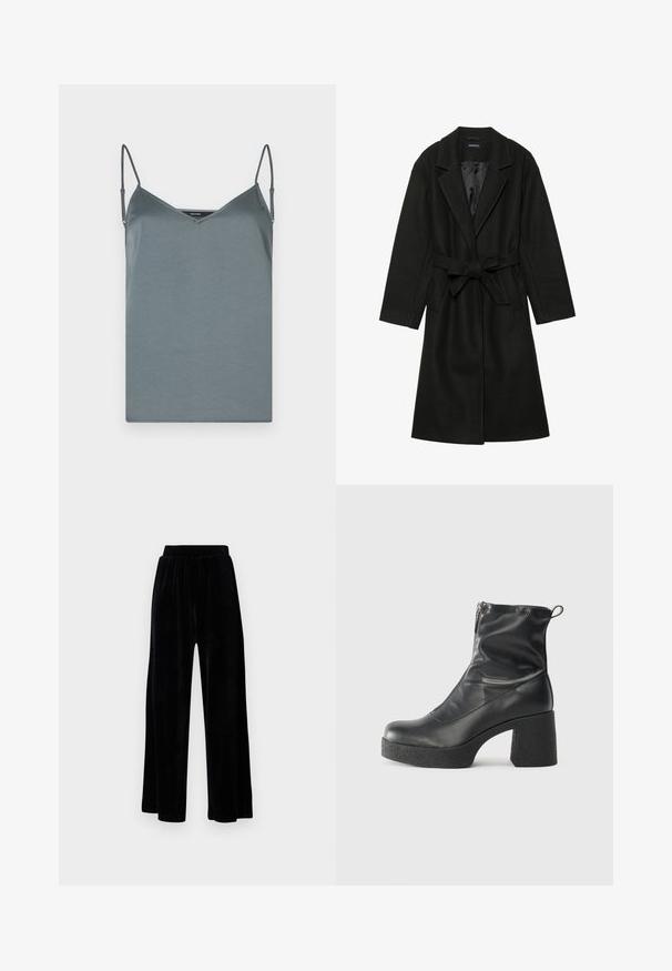 Even&Odd BELTED COAT - Klasičan kaput - black; Siva satenasta camisola s v-izrezom, podešivim naramenicama i glatkom teksturom. Ravni rub bez uzoraka ili akcenta.; Crne široke hlače od mekanog velura, s elastičnim pojasom i glatkom teksturom, bez vidljivih detalja ili uzoraka.; Crne gležnjače od glatke kože, s bočnim zatvaračem, debelim teksturiranim potplatom i dizajnom s zaobljenim prstima.